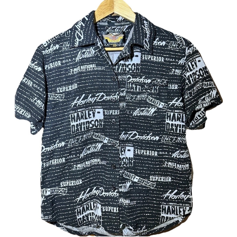 Harley Davidson Womens Medium Button Front Rayon Shirt Logo Print Black M Y2K - Picture 1 of 4